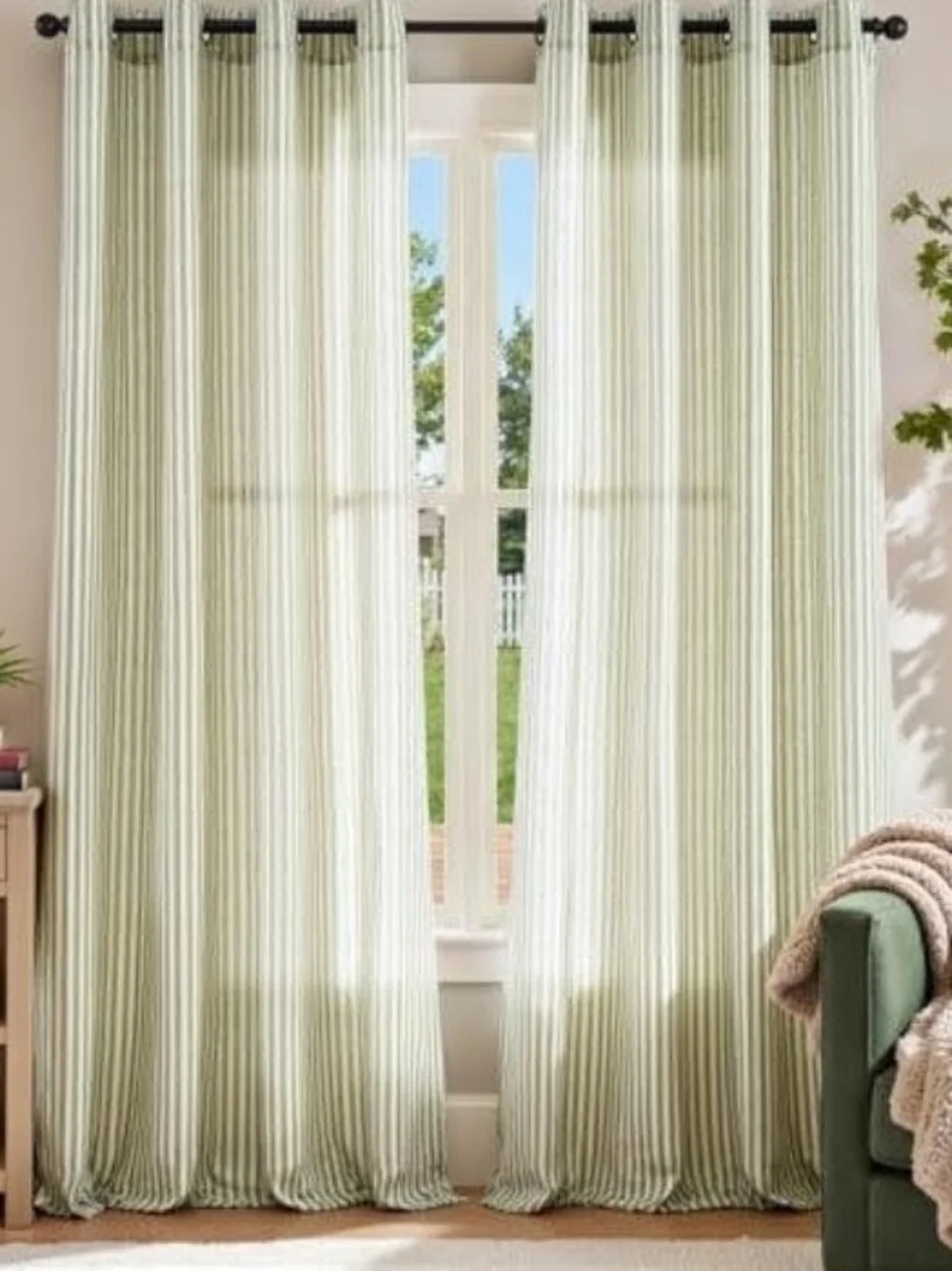 jinchan Linen Curtains 96 inch Sage Green Stripe on Beige Grommet 2 Panels